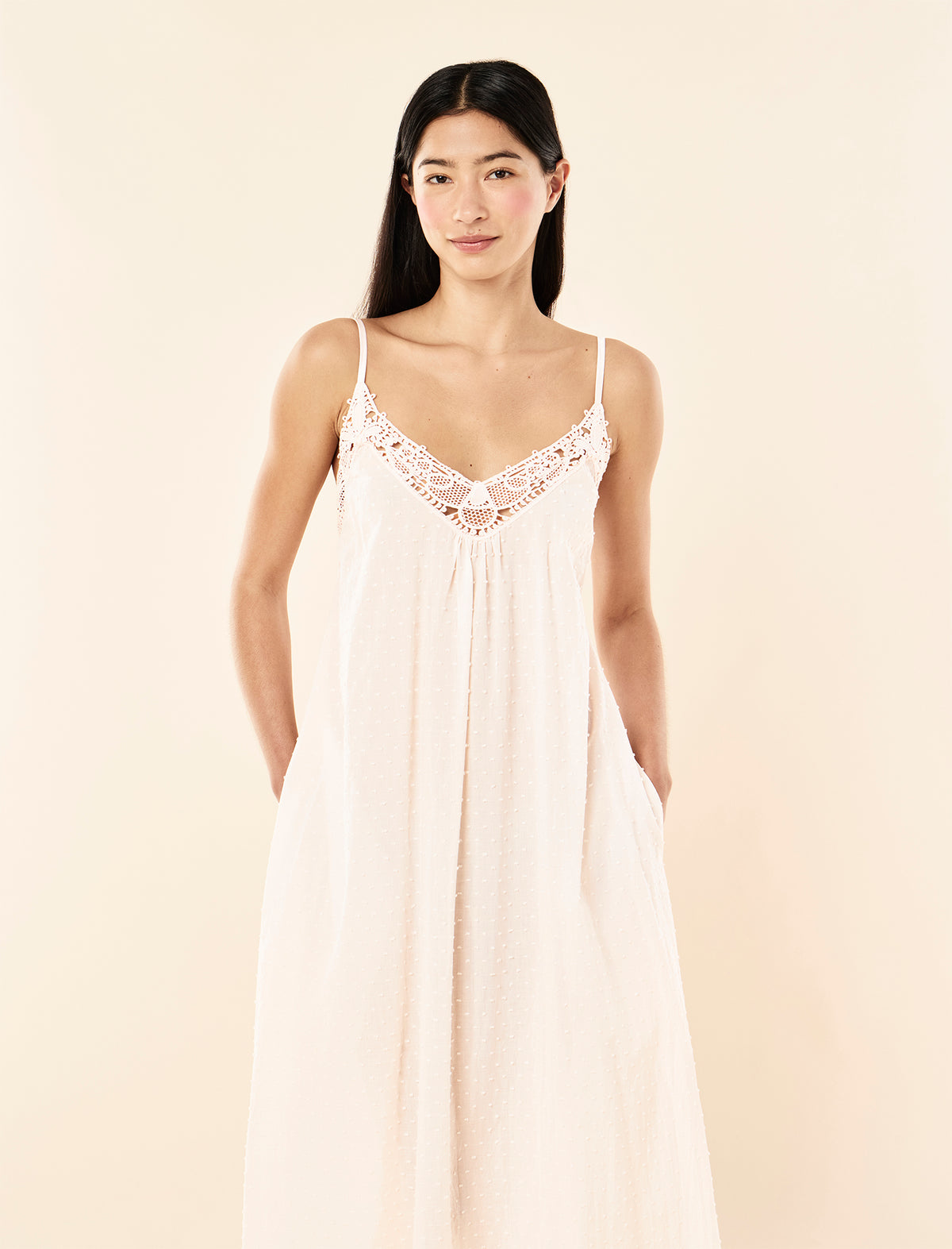 Zoey wearing the Swiss Dot Lace Front Maxi Nightie