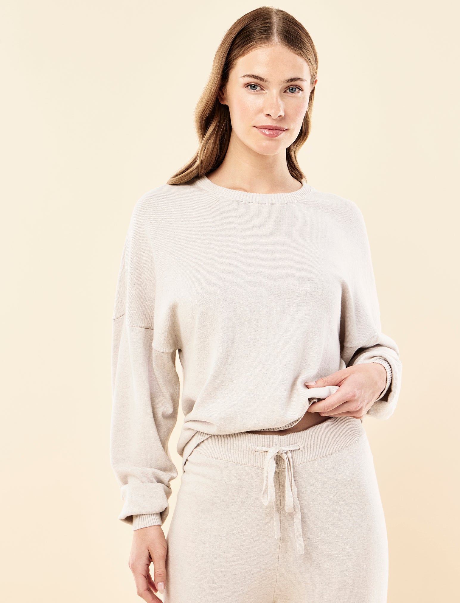 Cotton Cashmere Crew Neck Long Sleeve Top