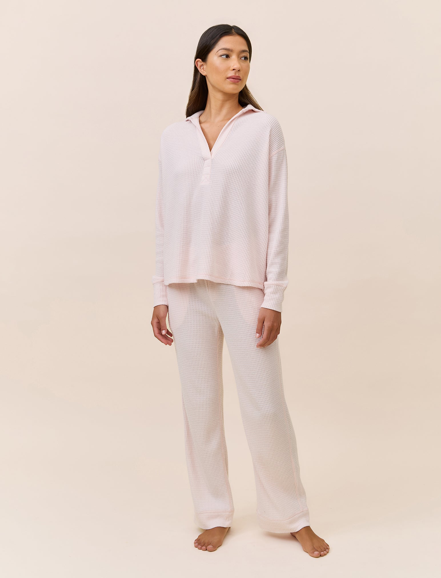 Super Soft Waffle Open Collared LS Top