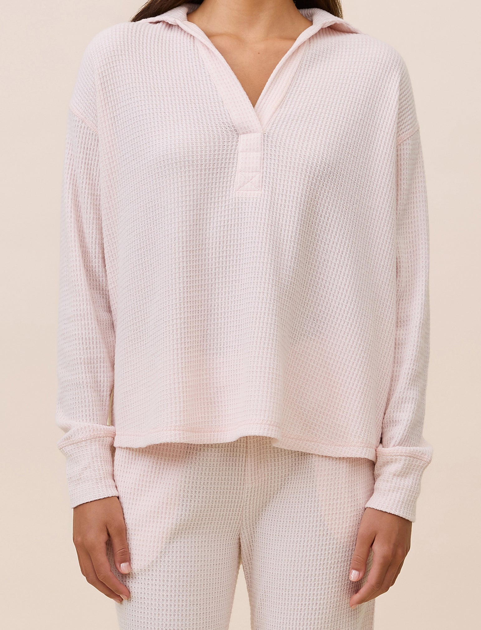 Super Soft Waffle Open Collared LS Top