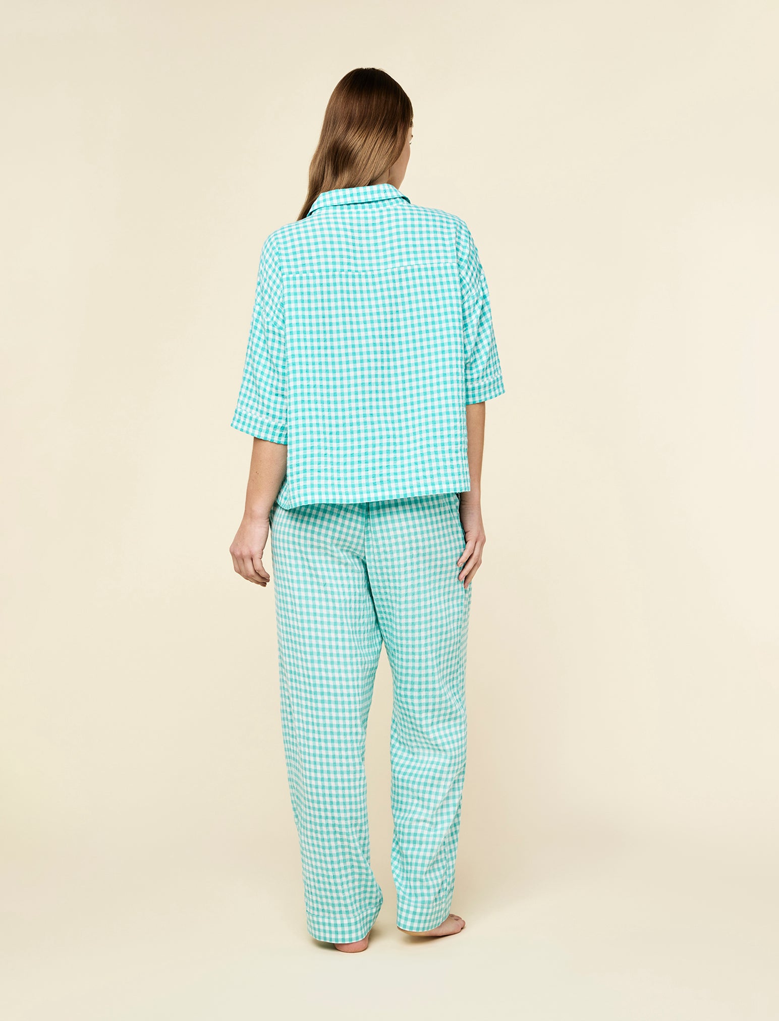 Seersucker Gingham Short Sleeve Shirt and Full Length Pant PJ