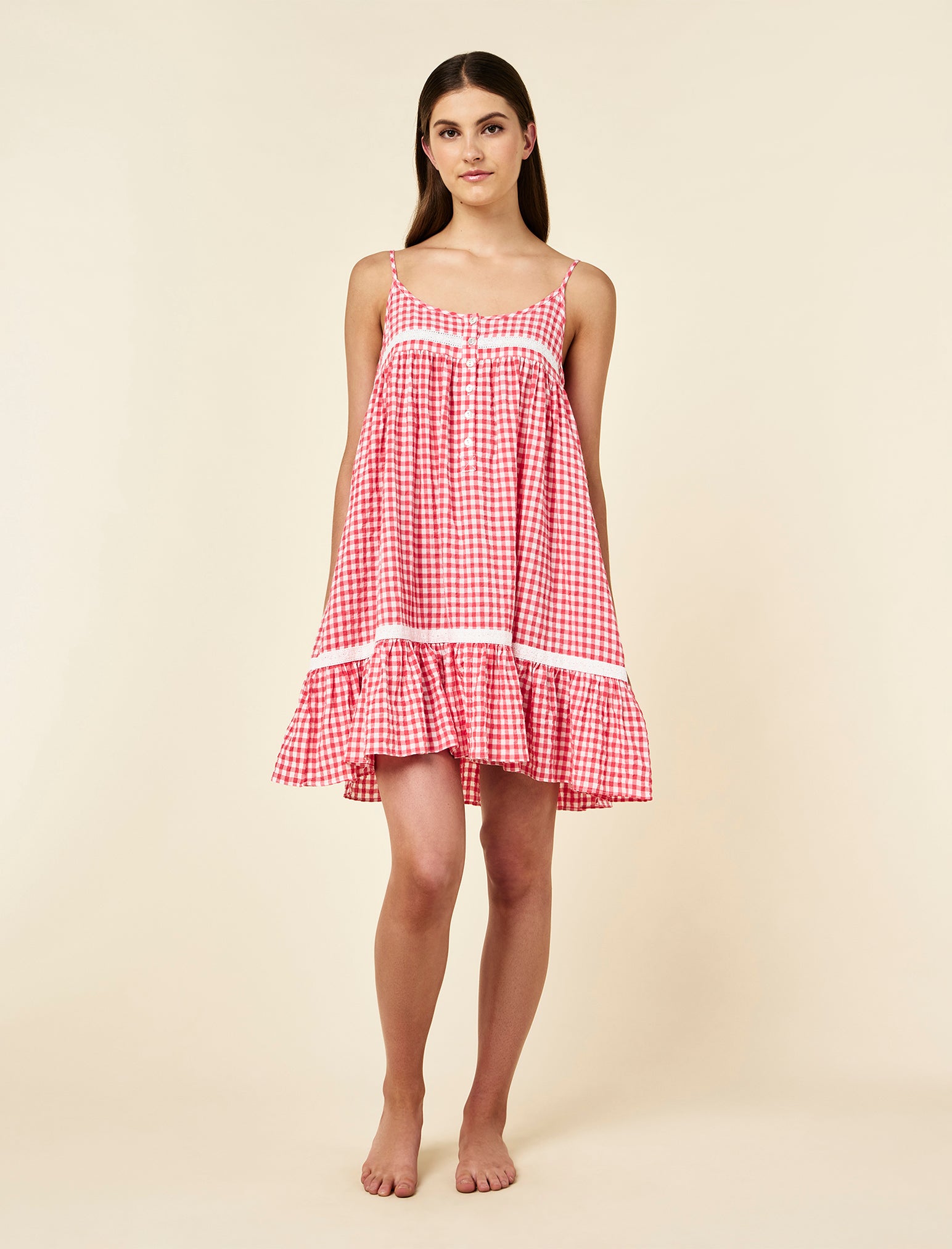 Seersucker Gingham Lace Trim Strappy Nightie