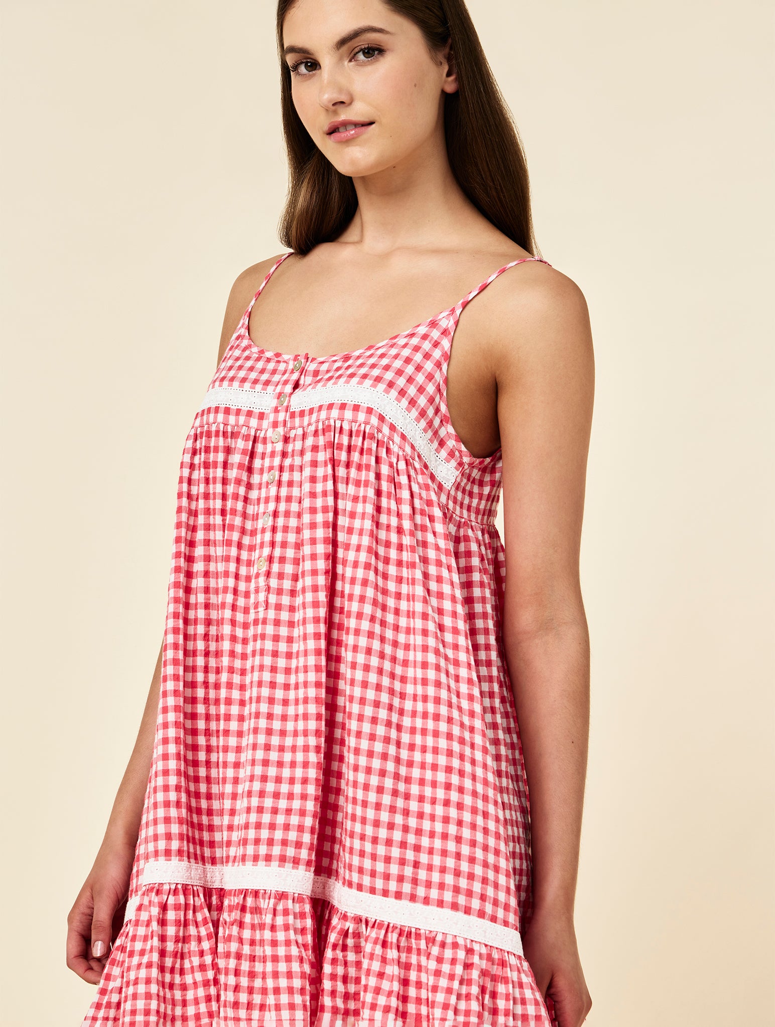 Seersucker Gingham Lace Trim Strappy Nightie