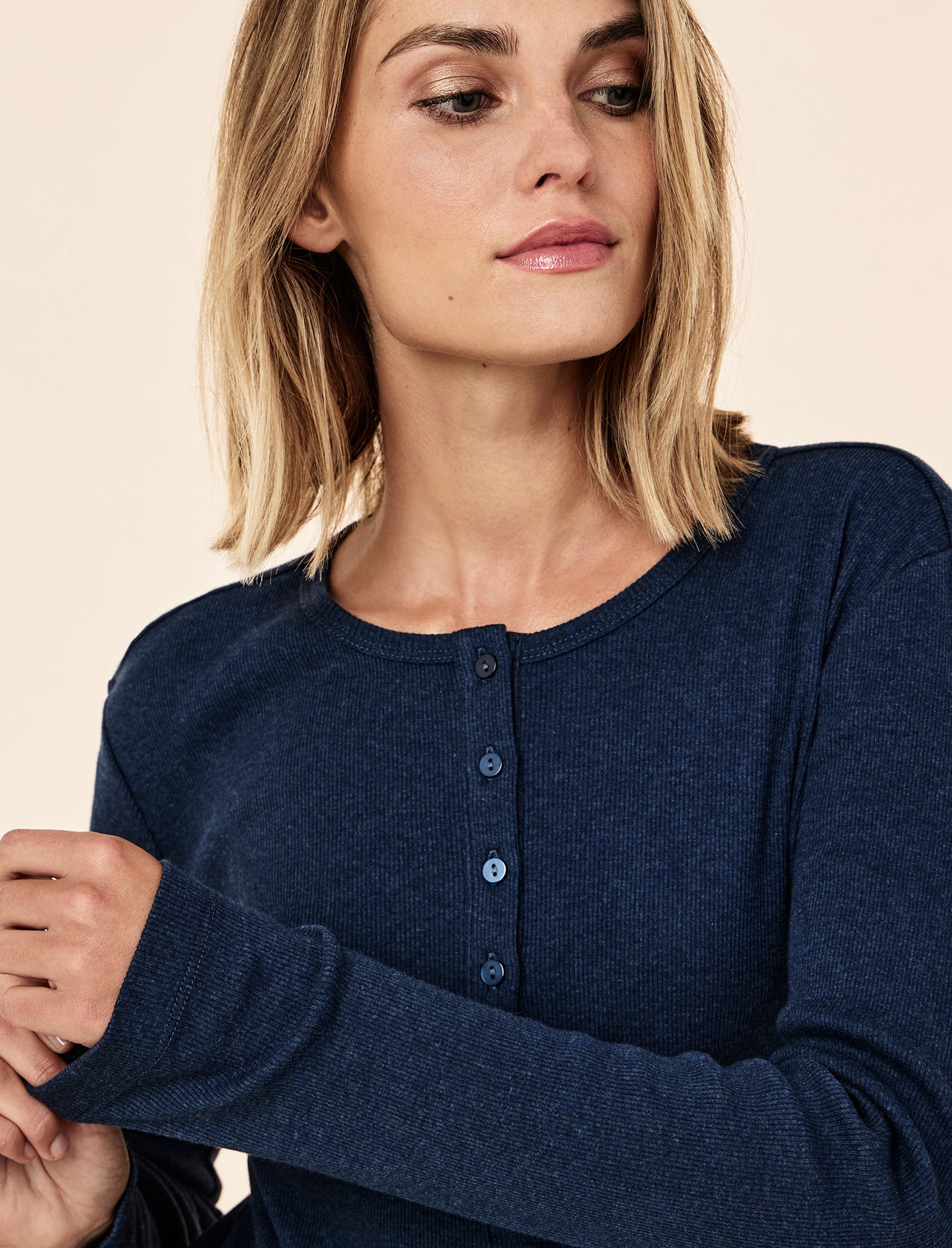 Soft Baby Rib Boxy Henley Long Sleeve Top