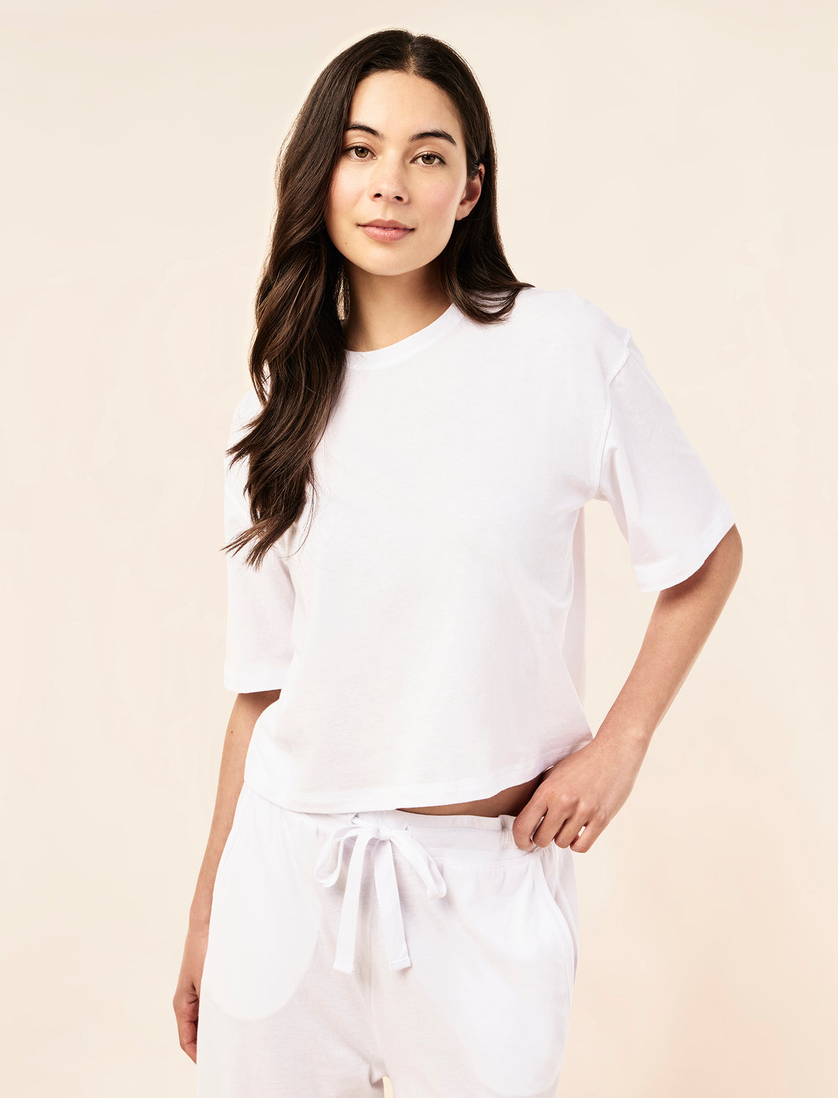 Sakura wearing the Jada Organic Cotton Knit Crop Tee