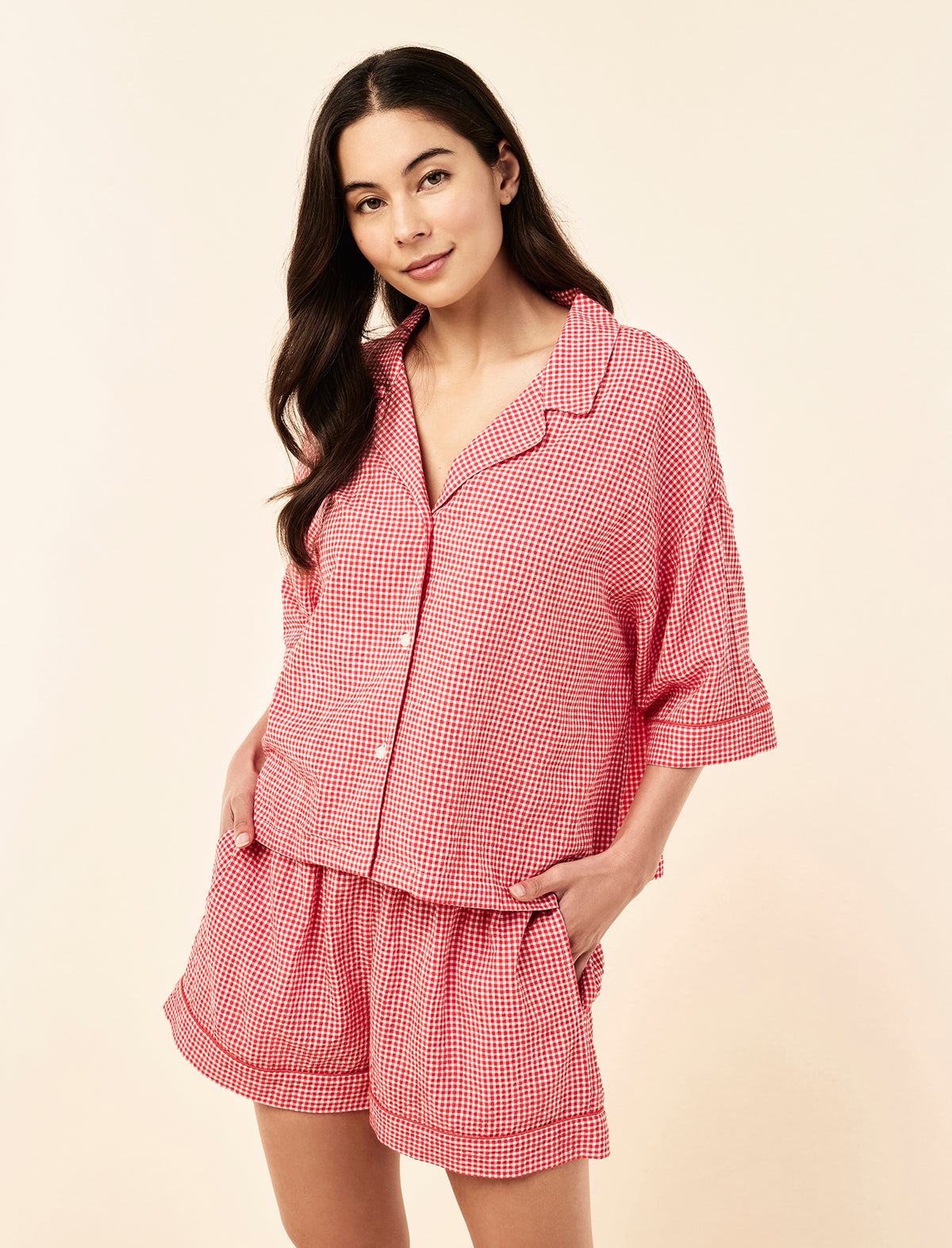 Sakura wearing the Seersucker Gingham Boxer PJ Set