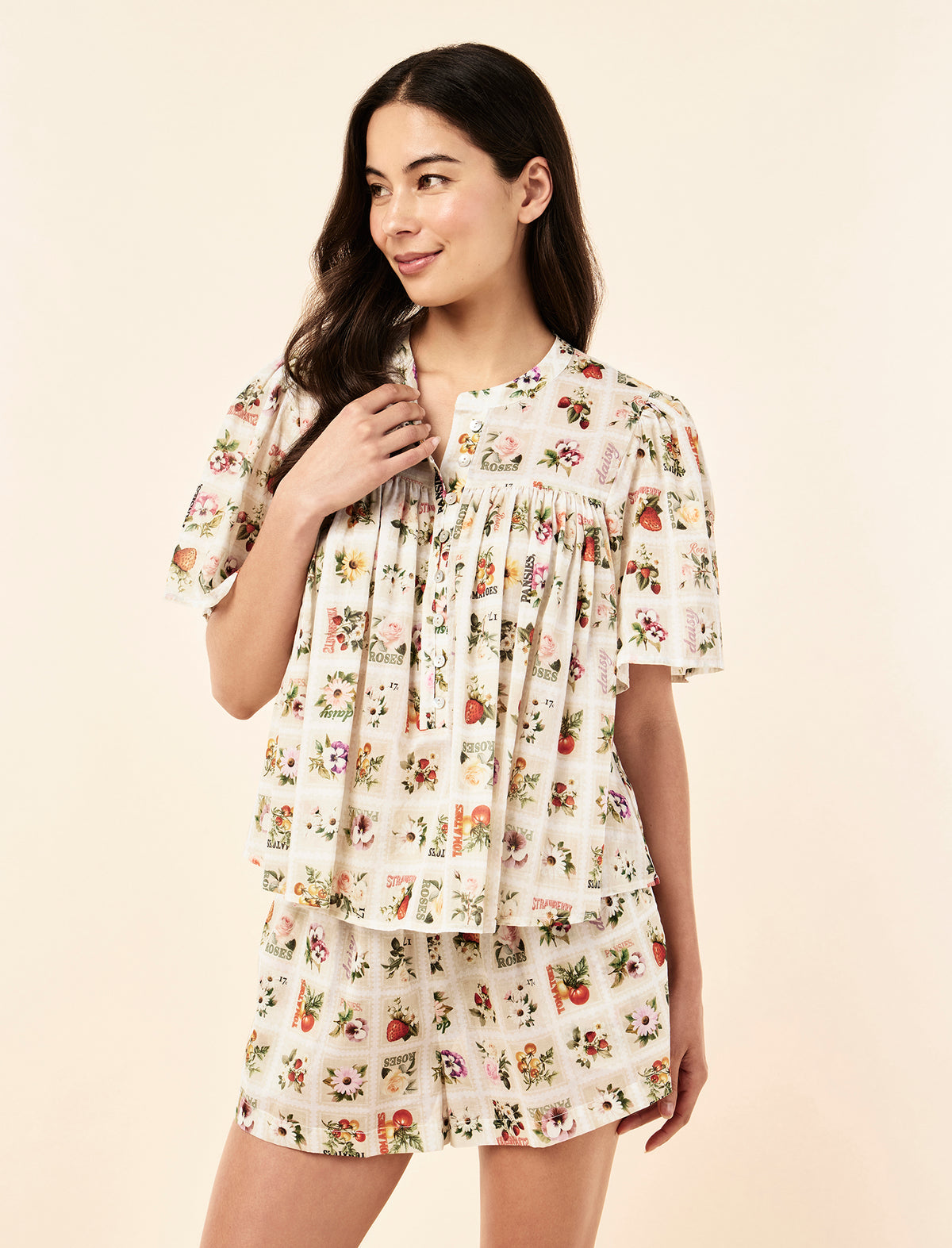 Sakura wearing the Blooms Gathered Sleeve Boxer PJ Set