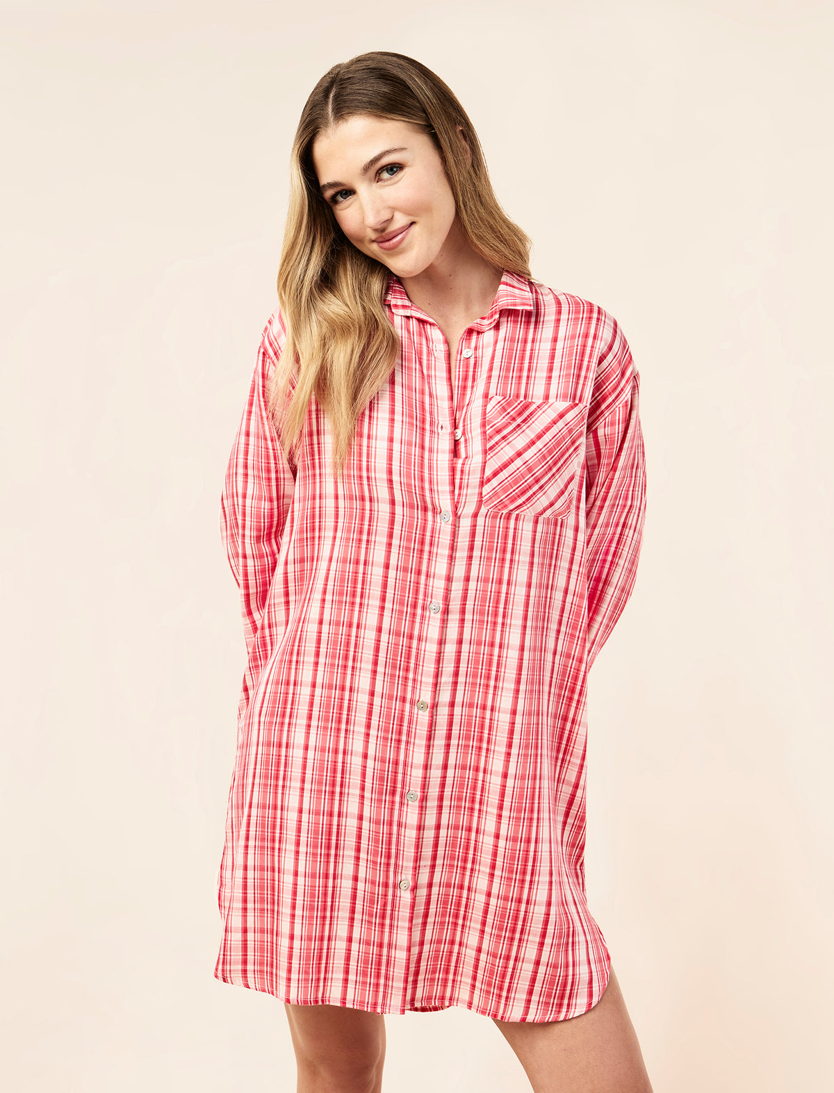 Yasmin wearing the Noelle Plaid Nightshirt