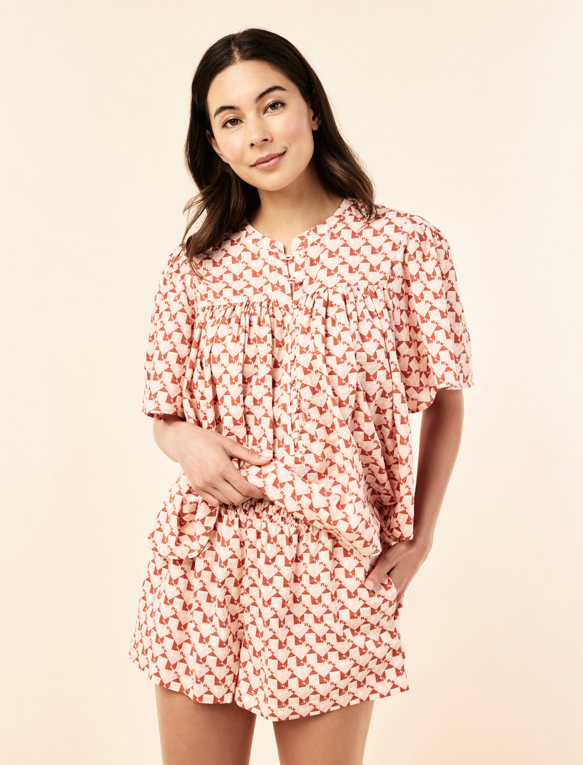 Karen Walker Monogram Tiles Gathered Boxer PJ Set