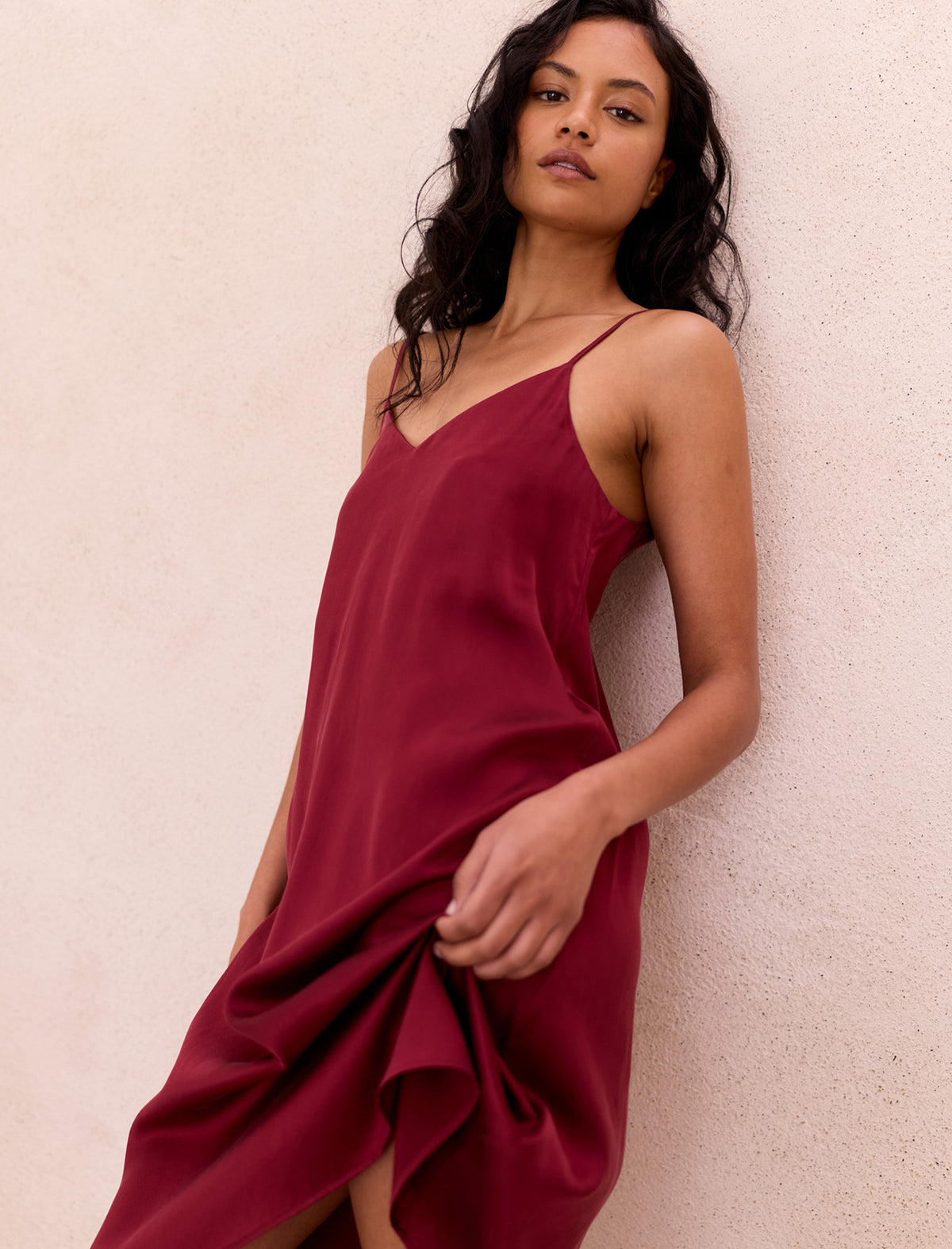 Michelle wearing the Audrey Washable Silk Slip Nightie