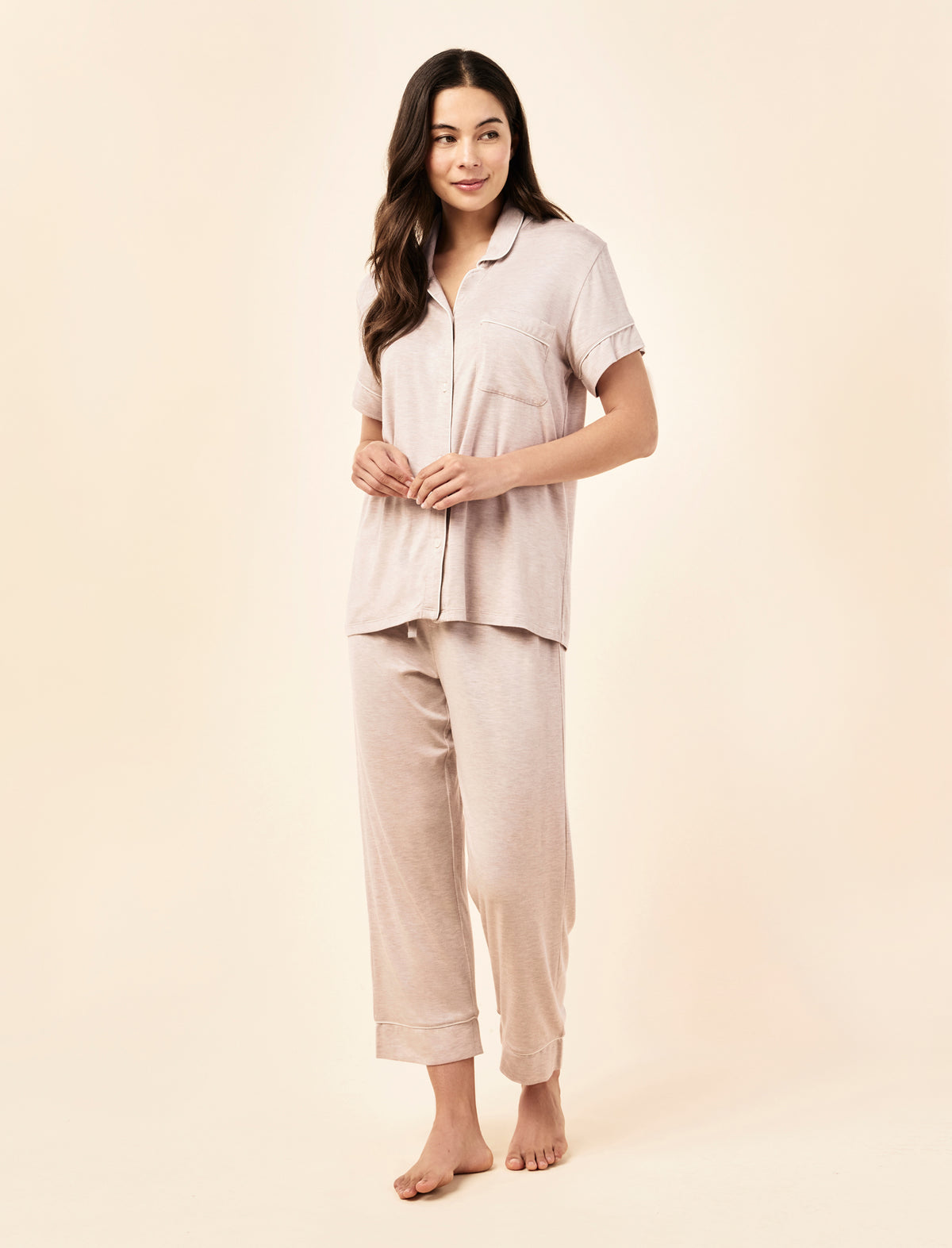 Sakura wearing the Kate Modal Soft Crop PJ Set
[model: Sakura wears size S |  Height: 173cm/ 5’8” | Bust: 81cm | Waist: 64cm | Hips: 89cm]
