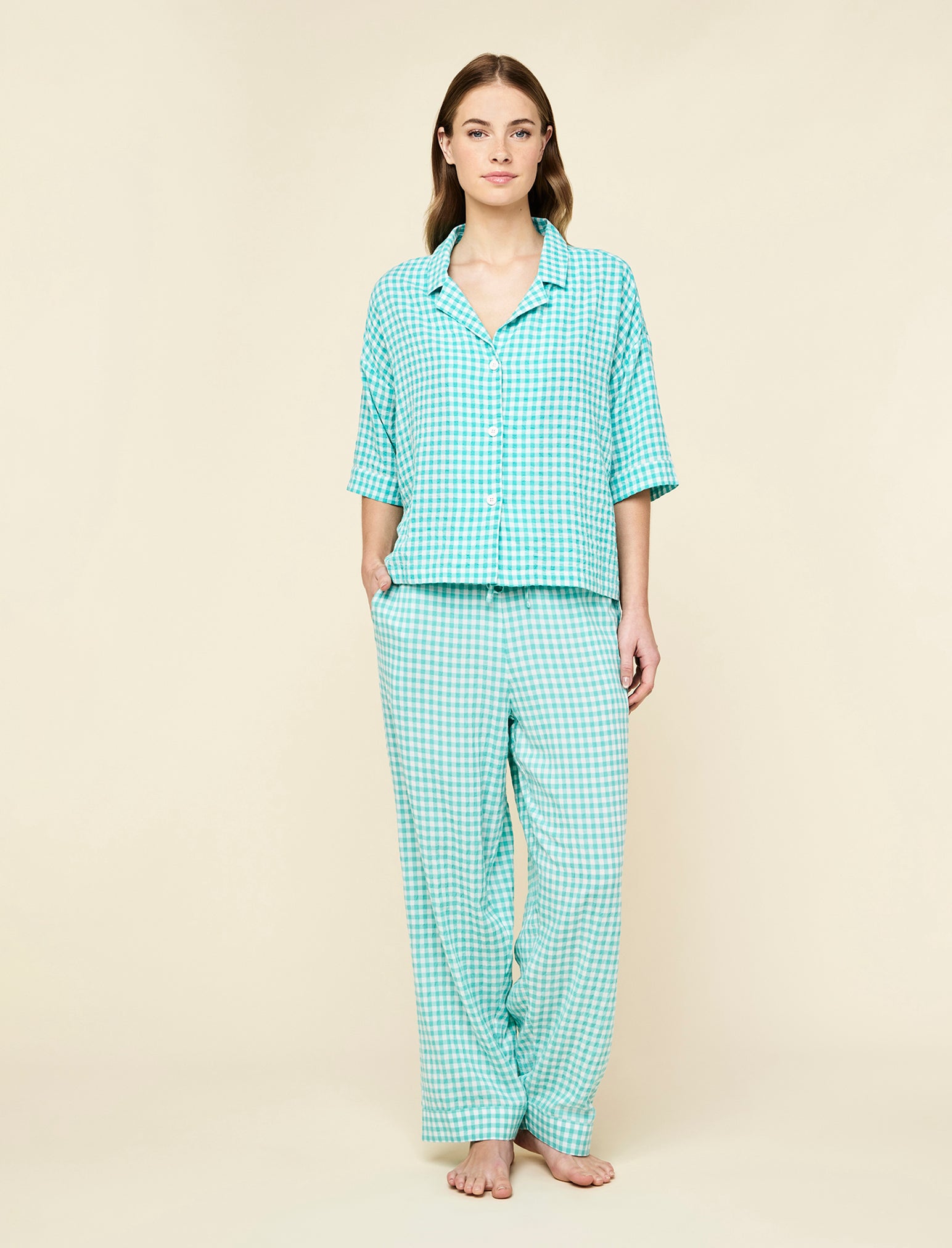 Seersucker Gingham Short Sleeve Shirt and Full Length Pant PJ