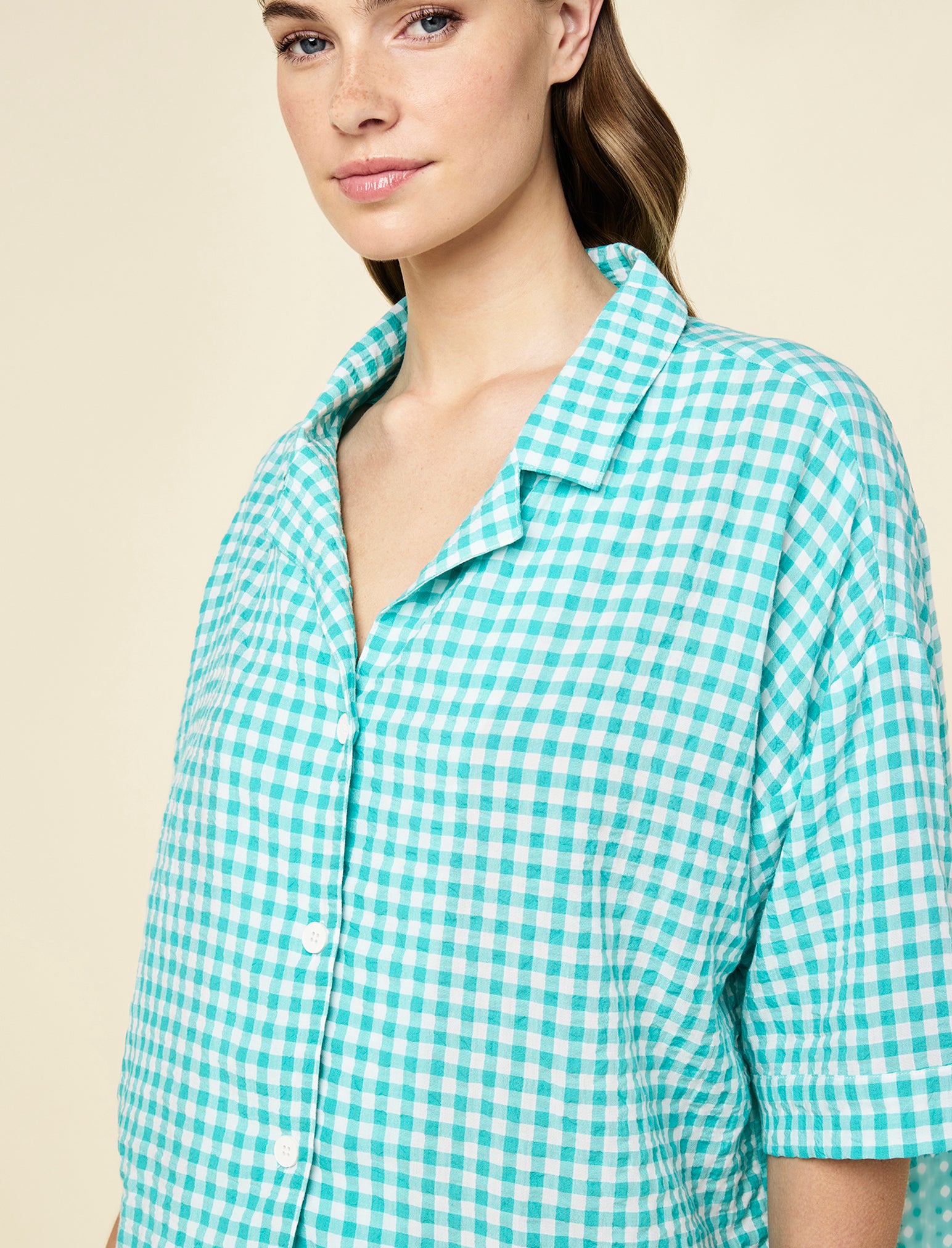 Seersucker Gingham Short Sleeve Shirt and Full Length Pant PJ