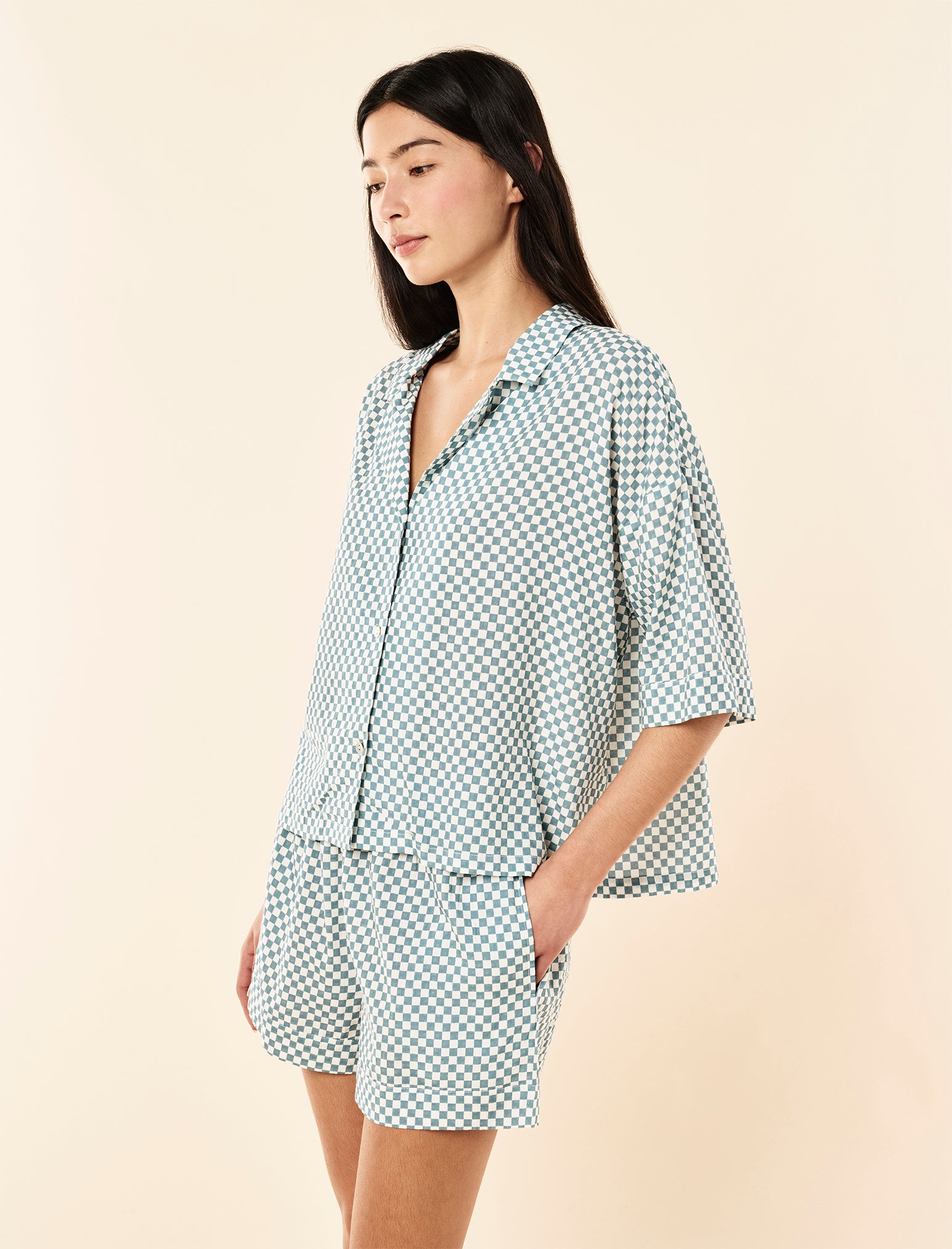 Zoey wearing the Anais Boxer PJ Set
[model: Zoey wears size XS |  Height: 172cm/ 5’7” | Bust: 80cm | Waist: 62cm | Hips: 89.5cm]