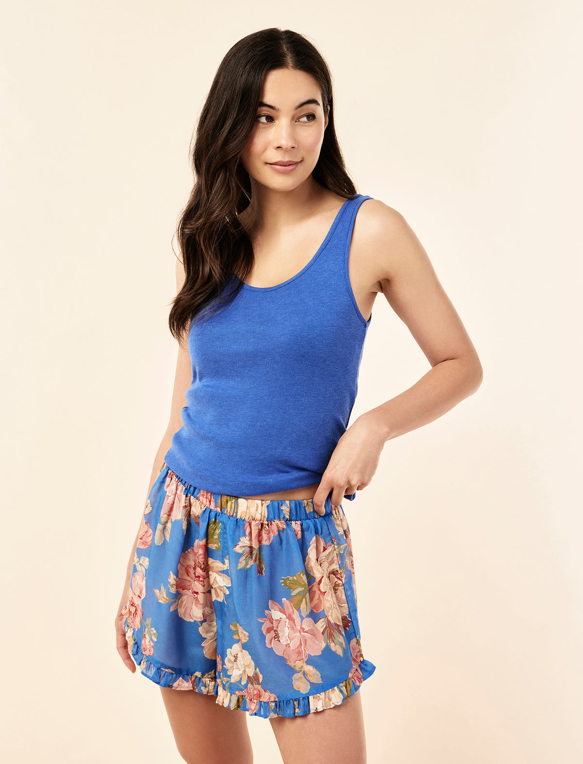 Sakura wearing the Iona Frill Short & Pia Tank
[model: Sakura wears size S |  Height: 173cm/ 5’8” | Bust: 81cm | Waist: 64cm | Hips: 89cm]