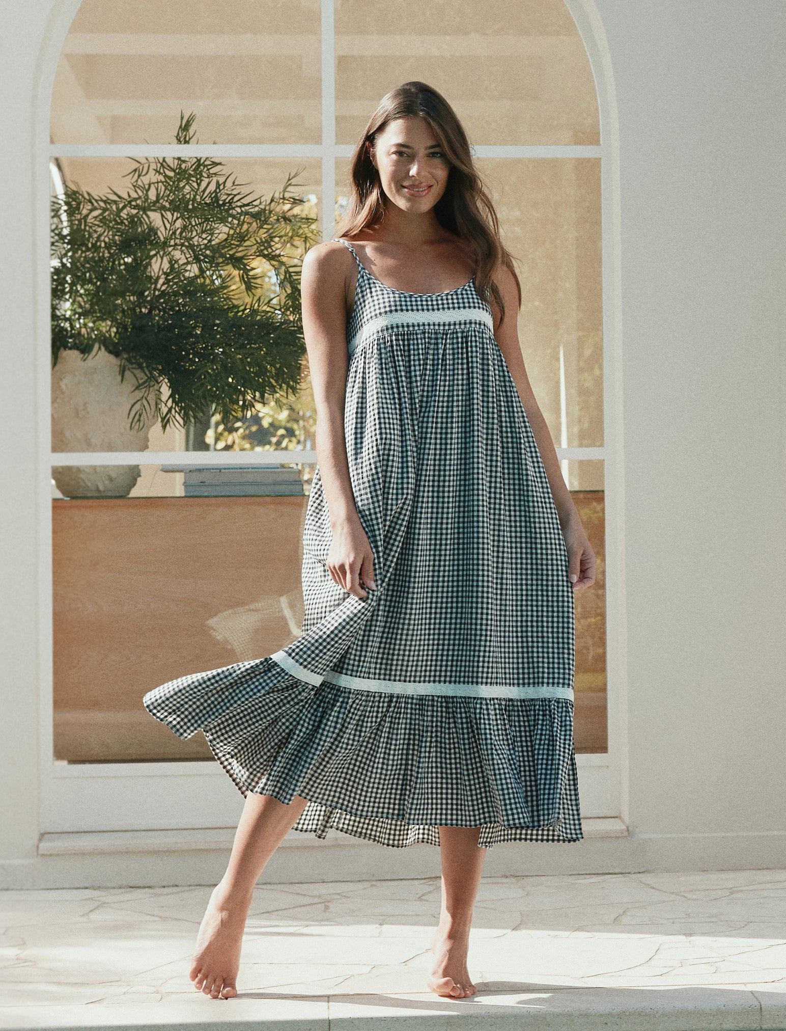 Seersucker Lace Insert Maxi Nightie